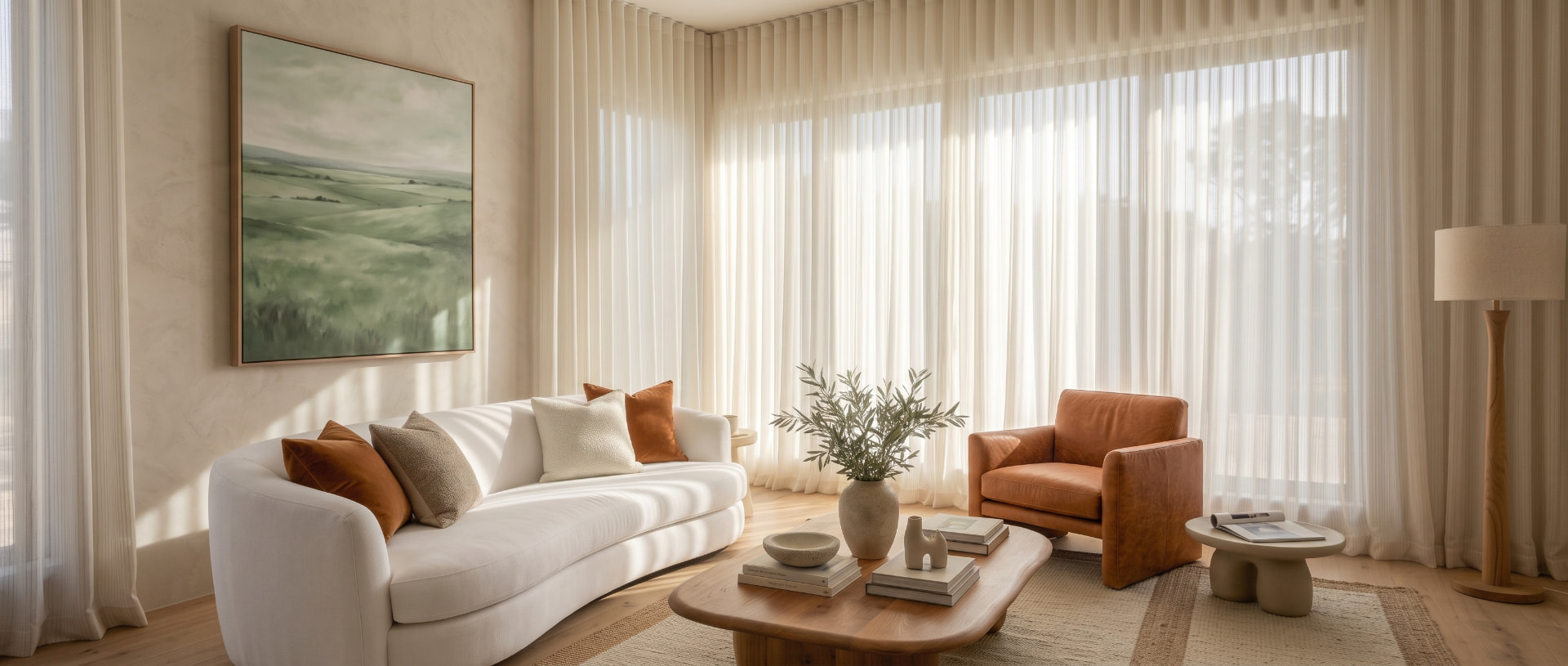 Sheer curtains filling a sunlit living room with soft light, by Ark Curtains & Decor